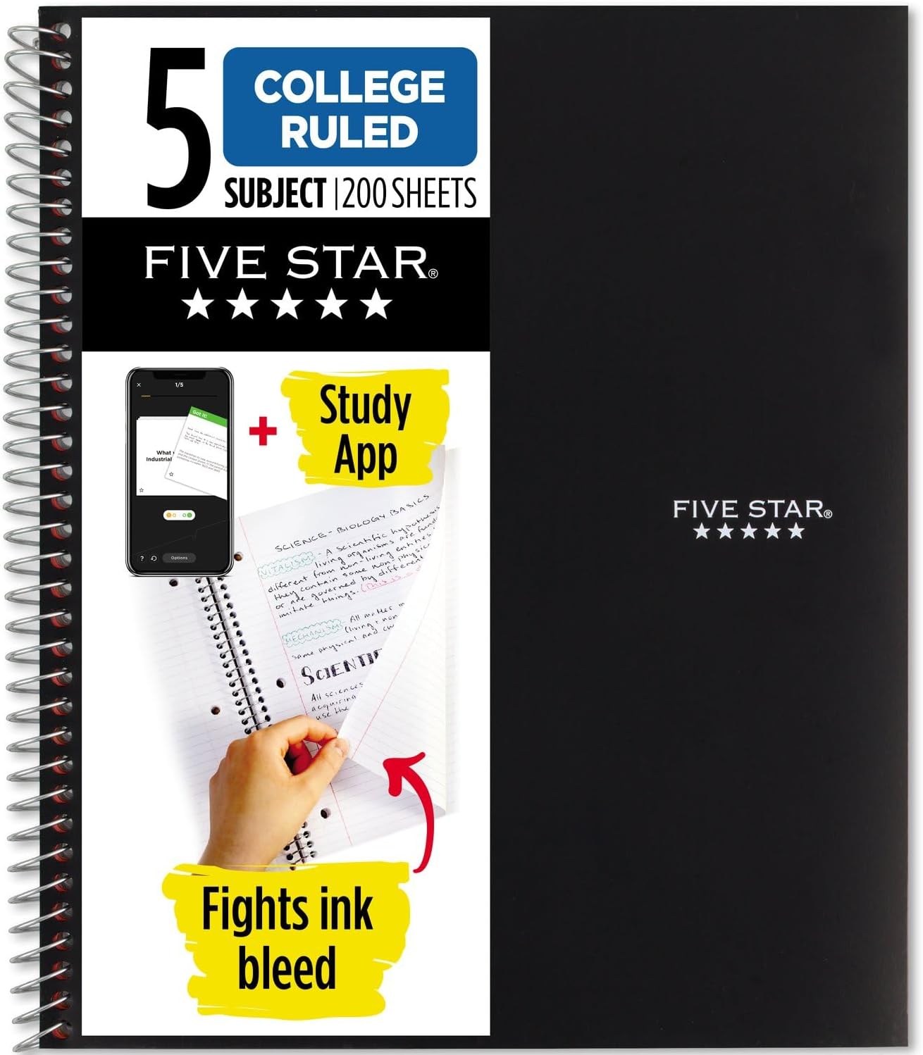  Five Star Spiral Notebook + Study App, 5 Subject, College Ruled Paper, 8 1/2